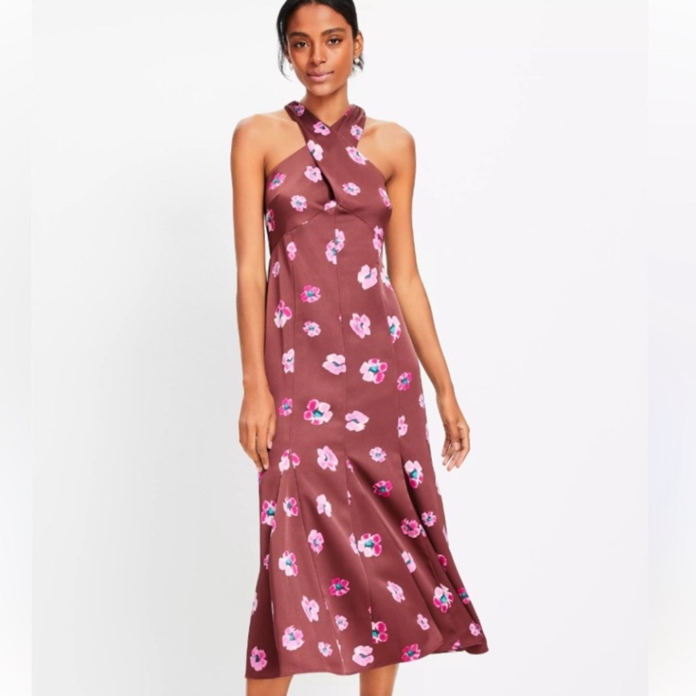 LOFT Ikat Buttercup Satin Godet Halter Midi Dress